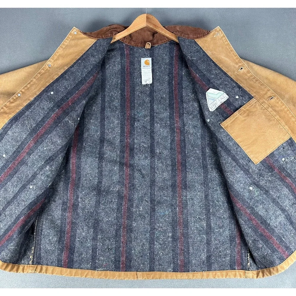 Carhartt Jacket Mens 56 Brown Distressed Canvas Blanket Corduroy Collar C01 BRN